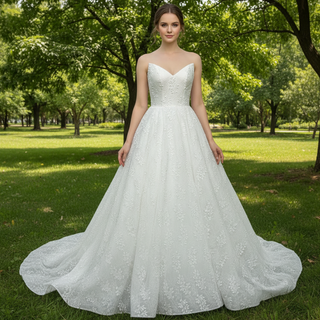 Elegant Strapless V-neck Lace Wedding Dress with Cathedral train