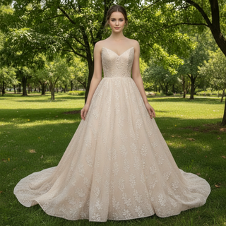 Elegant Strapless V-neck Lace Wedding Dress with Cathedral train