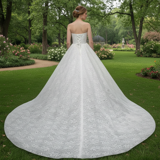 Elegant Strapless V-neck Lace Wedding Dress with Cathedral train