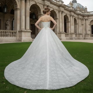 Elegant Strapless V-neck Lace Wedding Dress with Cathedral train