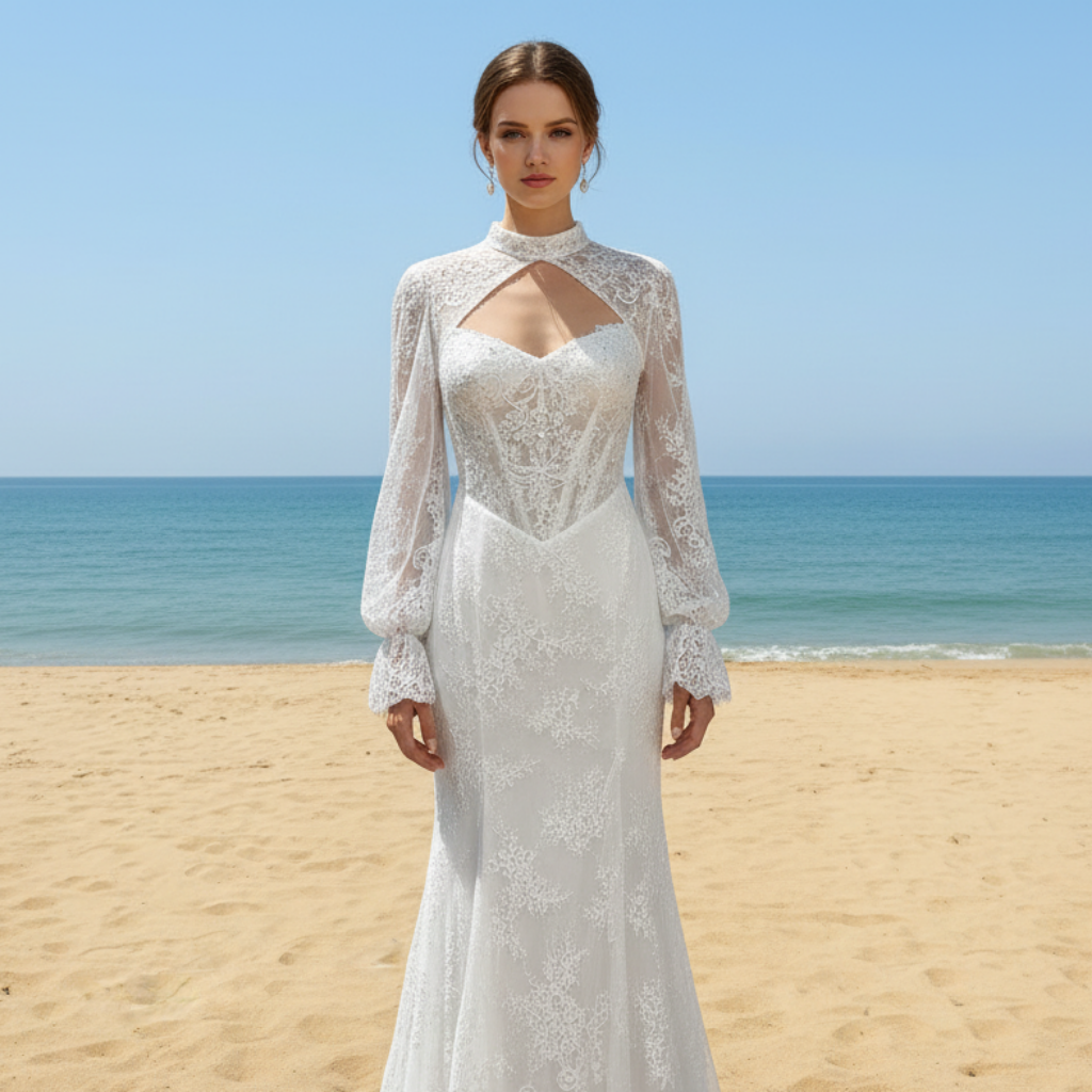 Elegant Vneck Fit and Flare Lace Wedding Dress with Long Sleeve Jacket White / 16 Elegant Vneck Fit and Flare Lace Wedding Dress with Long Sleeve Jacket White / 16