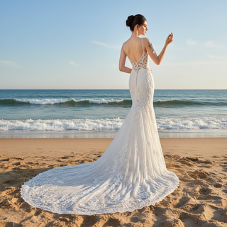 Princess Fit Flare Lace Vneck Wedding Dress with Spaghetti Strap