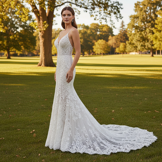 Princess Fit Flare Lace Vneck Wedding Dress with Spaghetti Strap