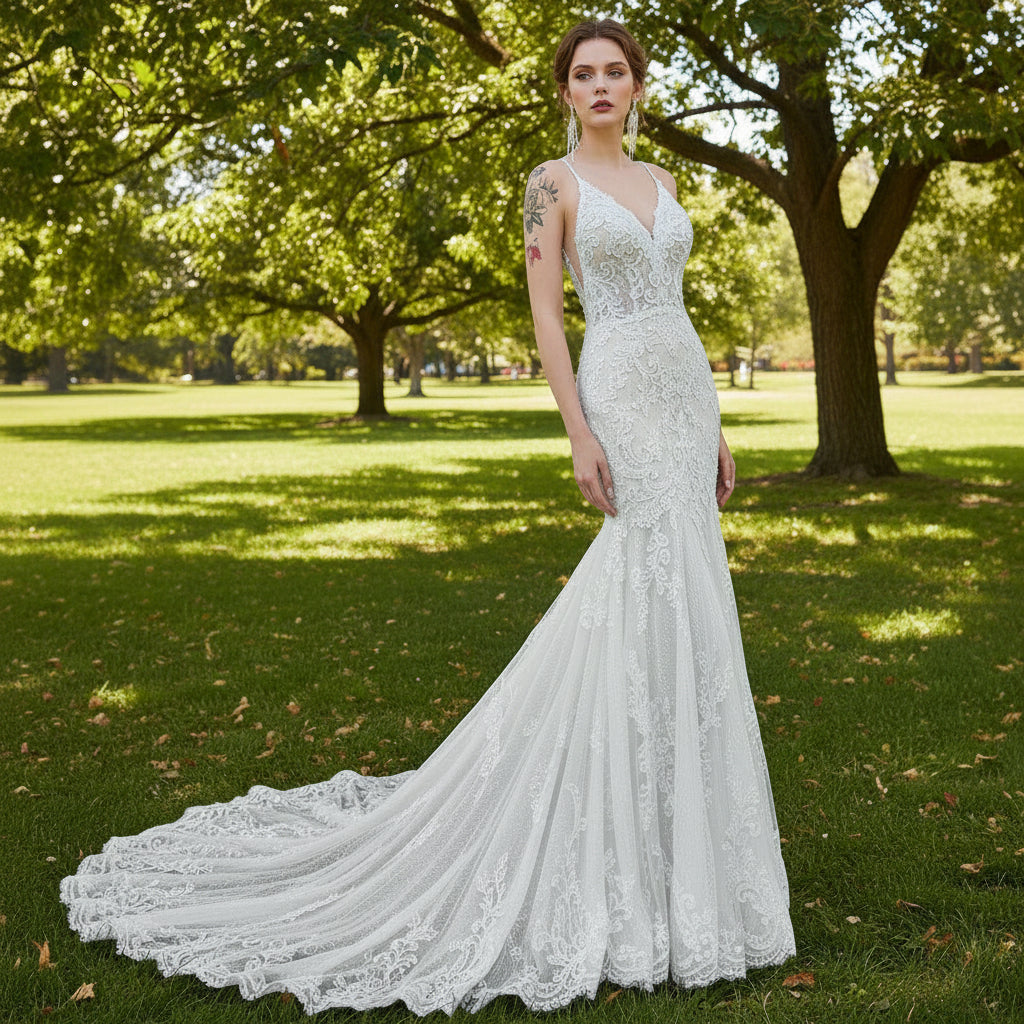 Princess Fit Flare Lace Vneck Wedding Dress with Spaghetti Strap Rosymae Princess Fit Flare Lace Vneck Wedding Dress with Spaghetti Strap Rosymae