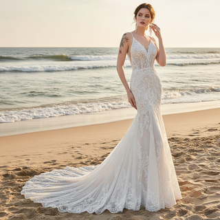 Princess Fit Flare Lace Vneck Wedding Dress with Spaghetti Strap