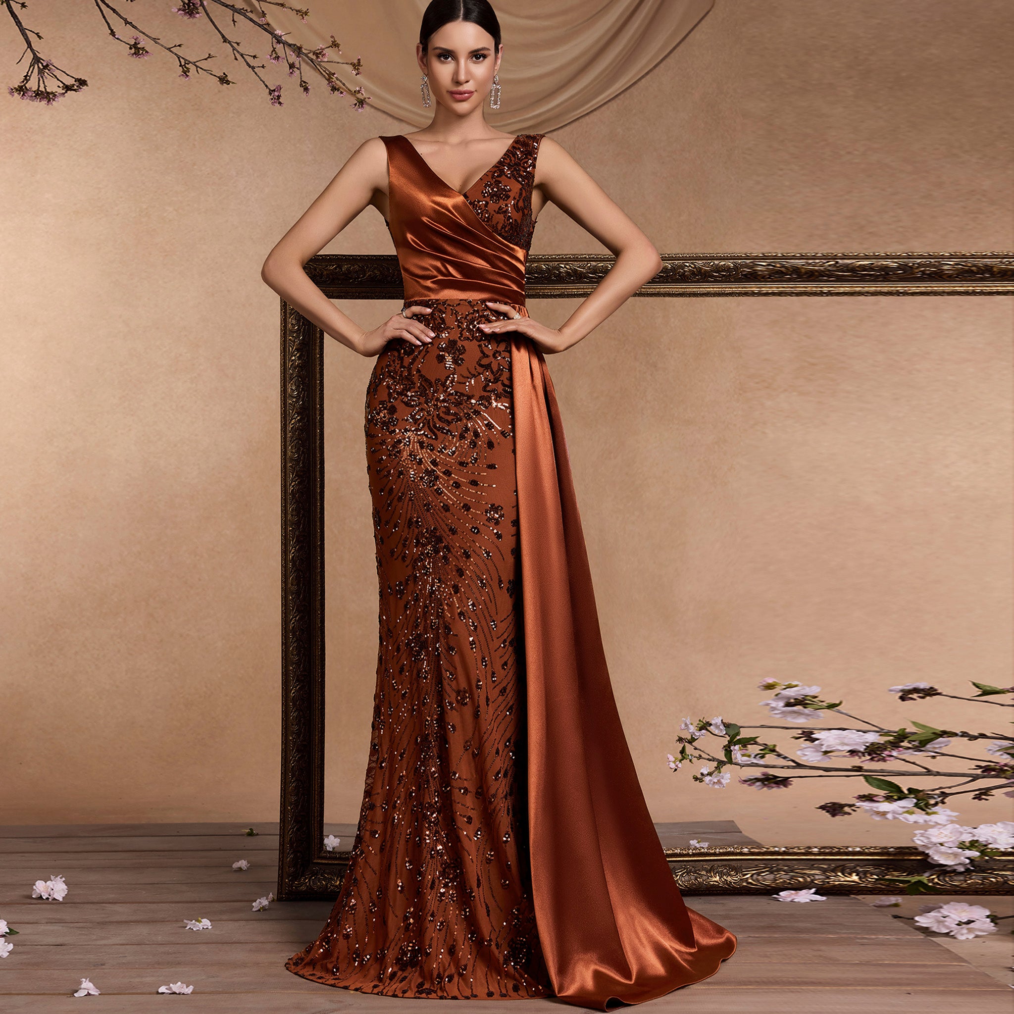 Elegant Sparkly Double V Mermaid Prom Dress with High End Bronze / M Elegant Sparkly Double V Mermaid Prom Dress with High End Bronze / M