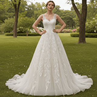 V-neck Open Back Bridal Gown Wedding Dress A-line Lace Tulle - Rosymae