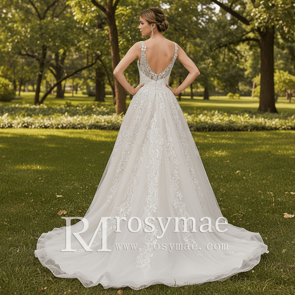 V-neck Open Back Bridal Gown Wedding Dress A-line Lace Tulle - Rosymae