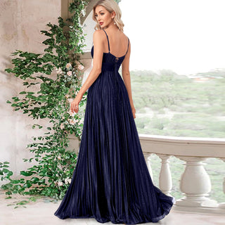 V-neck Pleated Formal Prom Gown Empire Waist Evening Dress with Spaghetti Strap - Rosymae