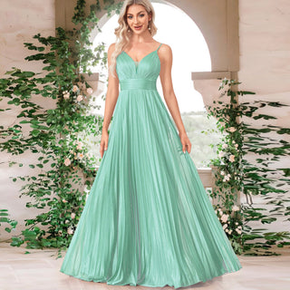 V-neck Pleated Formal Prom Gown Empire Waist Evening Dress with Spaghetti Strap - Rosymae