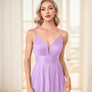 V-neck Pleated Formal Prom Gown Empire Waist Evening Dress with Spaghetti Strap - Rosymae