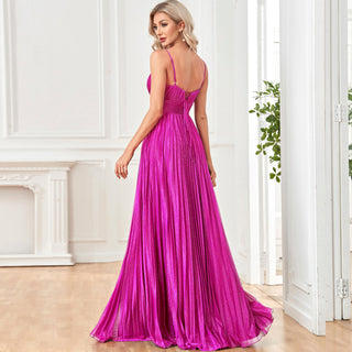 V-neck Pleated Formal Prom Gown Empire Waist Evening Dress with Spaghetti Strap - Rosymae