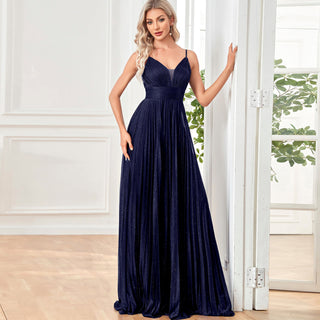 V-neck Pleated Formal Prom Gown Empire Waist Evening Dress with Spaghetti Strap - Rosymae