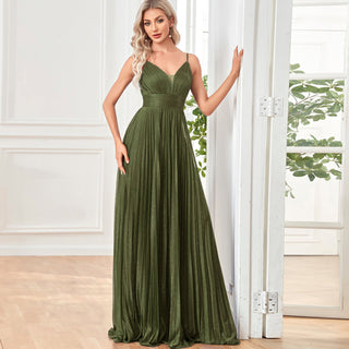V-neck Pleated Formal Prom Gown Empire Waist Evening Dress with Spaghetti Strap - Rosymae