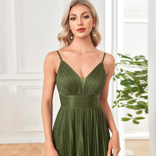 V-neck Pleated Formal Prom Gown Empire Waist Evening Dress with Spaghetti Strap - Rosymae