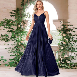 V-neck Pleated Formal Prom Gown Empire Waist Evening Dress with Spaghetti Strap - Rosymae