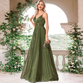 V-neck Pleated Formal Prom Gown Empire Waist Evening Dress with Spaghetti Strap - Rosymae