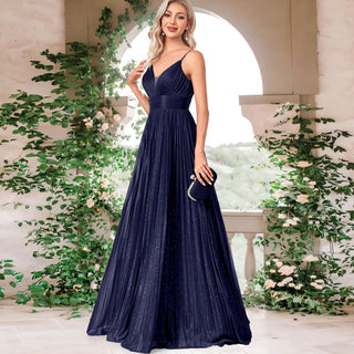 V-neck Pleated Formal Prom Gown Empire Waist Evening Dress with Spaghetti Strap - Rosymae