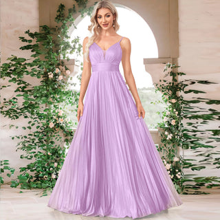 V-neck Pleated Formal Prom Gown Empire Waist Evening Dress with Spaghetti Strap - Rosymae