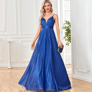 V-neck Pleated Formal Prom Gown Empire Waist Evening Dress with Spaghetti Strap Blue / S