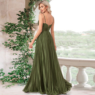 V-neck Pleated Formal Prom Gown Empire Waist Evening Dress with Spaghetti Strap - Rosymae