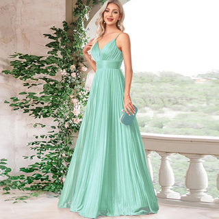 V-neck Pleated Formal Prom Gown Empire Waist Evening Dress with Spaghetti Strap - Rosymae