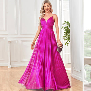 V-neck Pleated Formal Prom Gown Empire Waist Evening Dress with Spaghetti Strap - Rosymae
