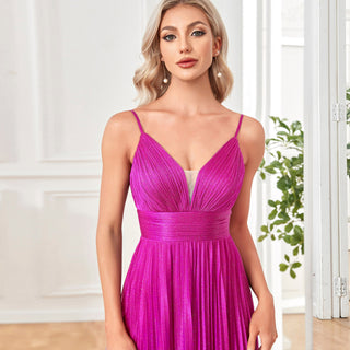 V-neck Pleated Formal Prom Gown Empire Waist Evening Dress with Spaghetti Strap - Rosymae