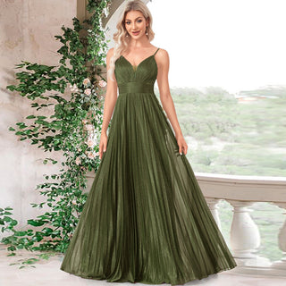 V-neck Pleated Formal Prom Gown Empire Waist Evening Dress with Spaghetti Strap - Rosymae