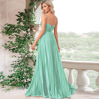 V-neck Pleated Formal Prom Gown Empire Waist Evening Dress with Spaghetti Strap - Rosymae