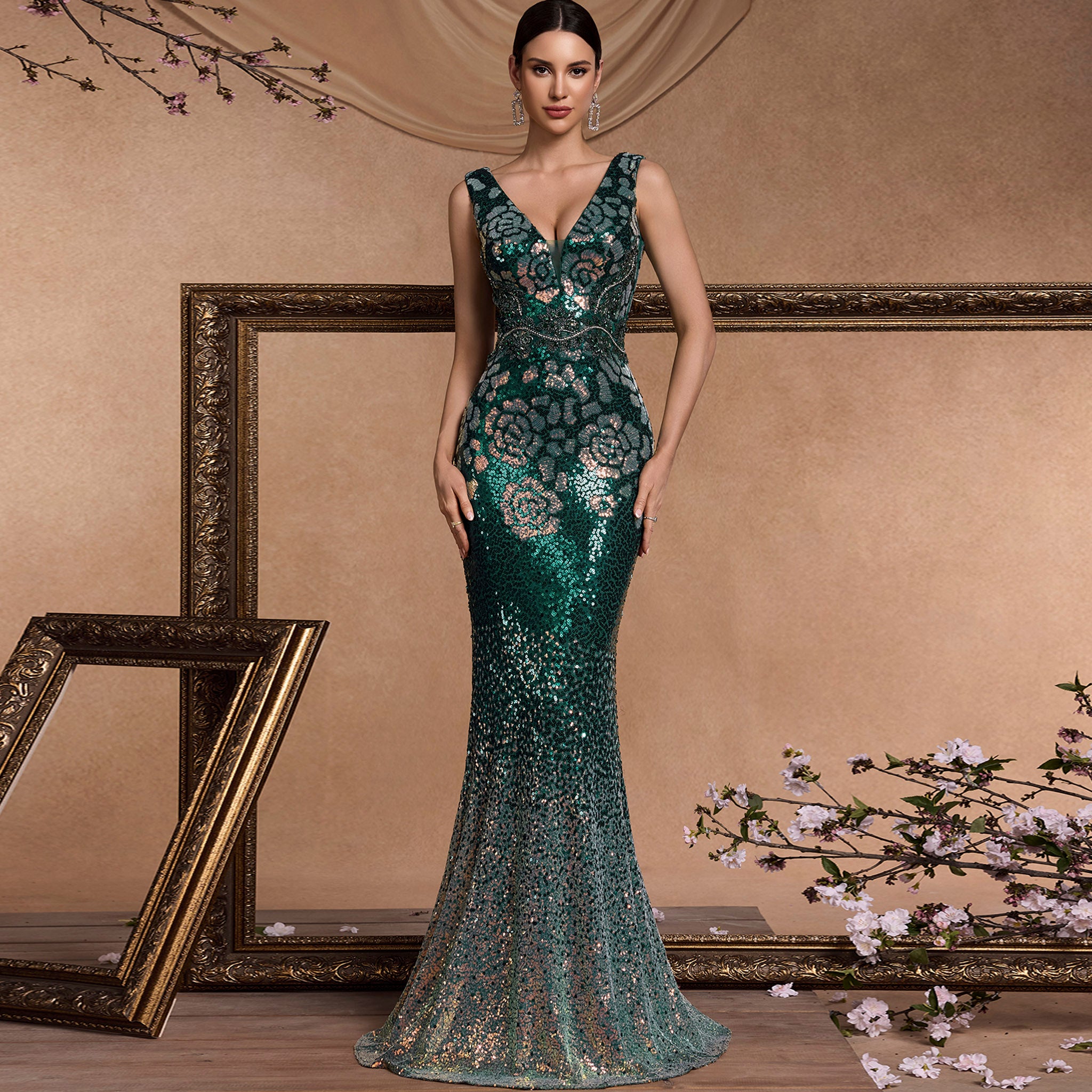 Elegant Deep V-Neck Sparkly Mermaid Prom Dress with Open Back Hunter Green / M Elegant Deep V-Neck Sparkly Mermaid Prom Dress with Open Back Hunter Green / M
