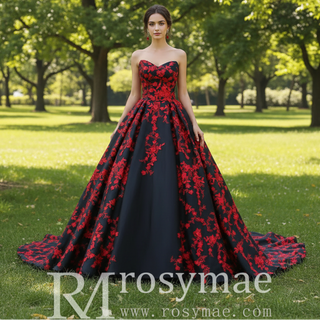 Satin Prom Dress Ball Gown V-Neck Cathedral Train With Lace