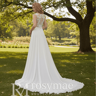 V-neck Satin and Chiffon A-line Wedding Dress with Sheer back - Rosymae