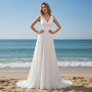 V-neck Satin and Chiffon A-line Wedding Dress with Sheer back