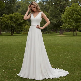 V-neck Satin and Chiffon A-line Wedding Dress with Sheer back