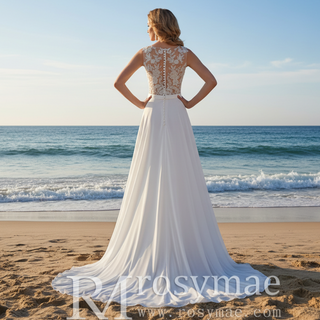 V-neck Satin and Chiffon A-line Wedding Dress with Sheer back