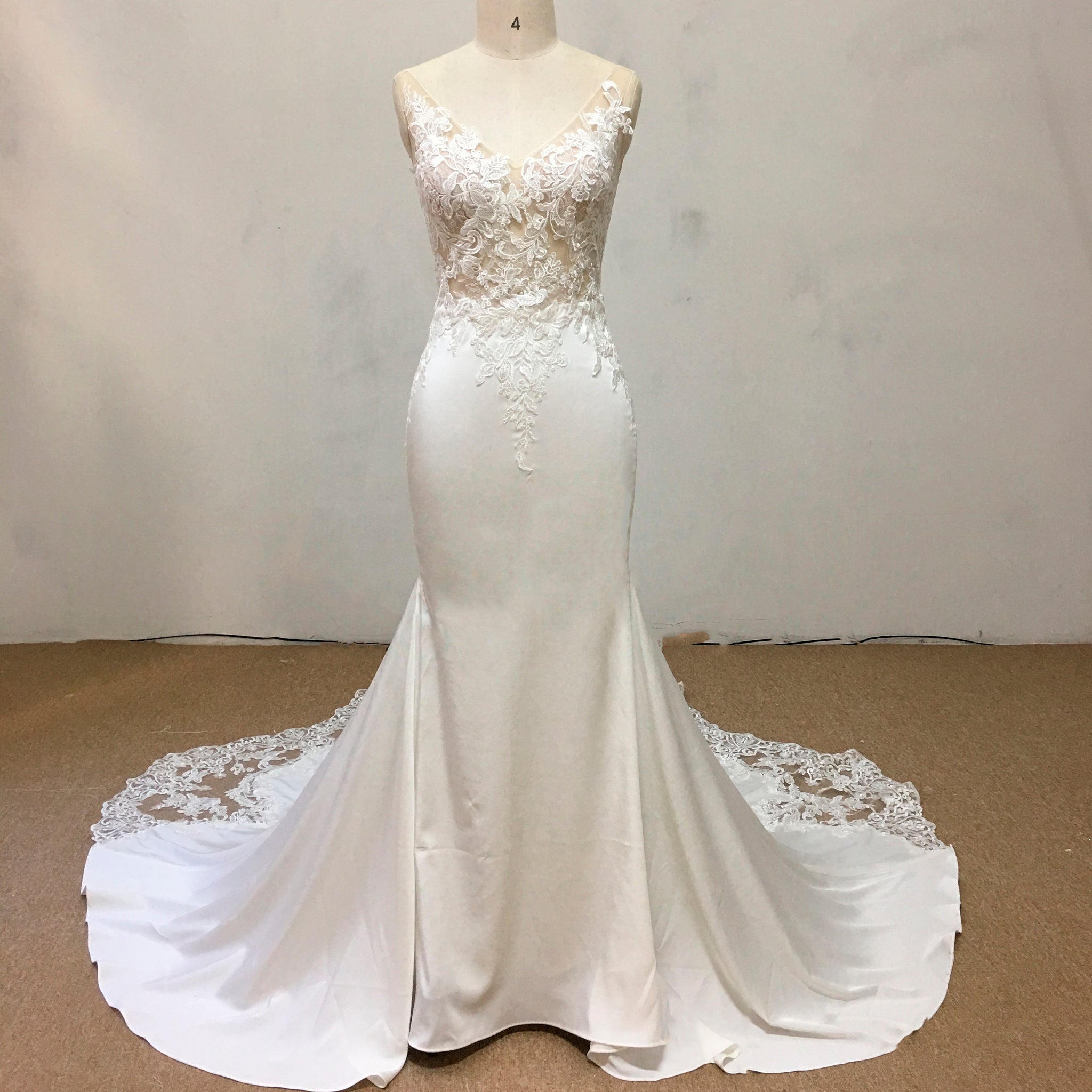Vneck Mermaid Satin Wedding Dress with Leaf-Shape Lace Train Champagne / 22W Vneck Mermaid Satin Wedding Dress with Leaf-Shape Lace Train Champagne / 22W