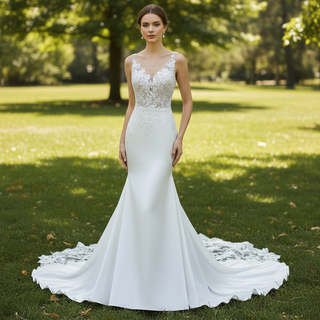 Vneck Mermaid Satin Wedding Dress with Leaf-Shape Lace Train