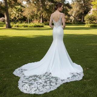 Vneck Mermaid Satin Wedding Dress with Leaf-Shape Lace Train