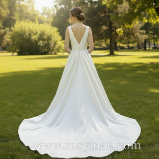 Plain Satin Deep Vneck Wedding Dress Bridal Gown with A-line Skirt