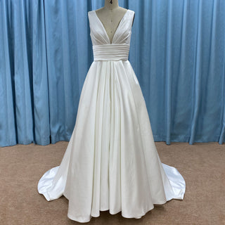Plain Satin Deep Vneck Wedding Dress Bridal Gown with A-line Skirt
