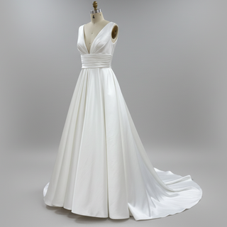 Plain Satin Deep Vneck Wedding Dress Bridal Gown with A-line Skirt