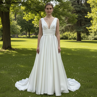 Plain Satin Deep Vneck Wedding Dress Bridal Gown with A-line Skirt