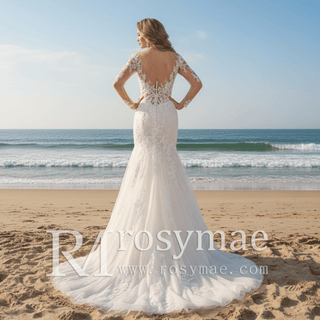 V-neck Sheer Floral Lace Wedding Dress With Long Sleeves - Rosymae