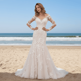 V-neck Sheer Floral Lace Wedding Dress With Long Sleeves - Rosymae