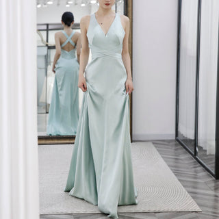 Baby Blue Simple Satin Bridesmaid Dress with Vneck and Open Back