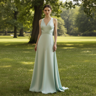 Baby Blue Simple Satin Bridesmaid Dress with Vneck and Open Back