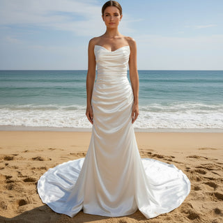 Elegant Simple Pleated Satin Mermaid Wedding Dress with Vneck