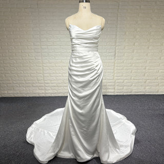 Elegant Simple Pleated Satin Mermaid Wedding Dress with Vneck