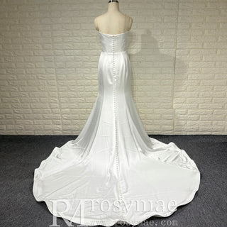 Elegant Simple Pleated Satin Mermaid Wedding Dress with Vneck
